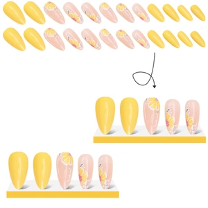 Summer almond press-on nails with yellow citrus and floral designs on white background