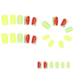 Short square watermelon press-on nails with neon green and vibrant fruit patterns