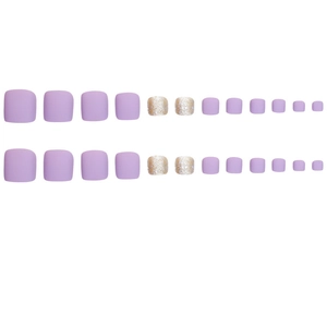 Purple matte and gold glitter press-on toe nails set with 24 pieces for women