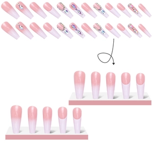 French tip press-on nails with pink gradient and sparkling rhinestones 24pcs set