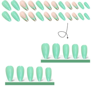 Mint green and nude press-on nails set with silver glitter French tips and display stand