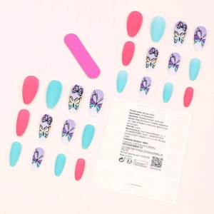 Kit de faux ongles amande mats avec motifs papillons violets, adhésifs et lime à ongles