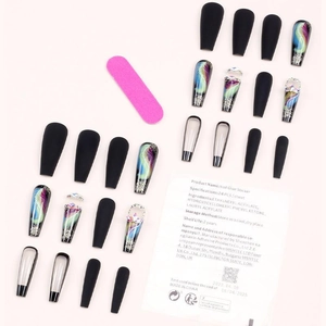 Dark gothic press-on nails with colorful feathers, crystals, and matte black finish
