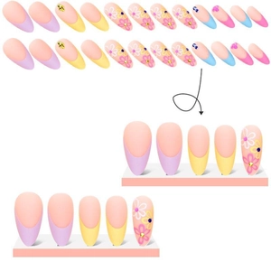Rainbow almond press-on nails with floral art, pastel French design and rhinestones