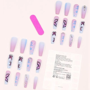 Lange matte plaknagels met vlinder hart verloop en bijbehorende plakstrips set