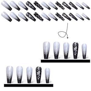 Long coffin false nails set featuring black gradient with silver glitter and rhinestones