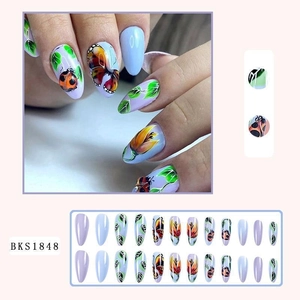 Purple Halloween almond press-on nails with realistic butterfly and ladybug patterns