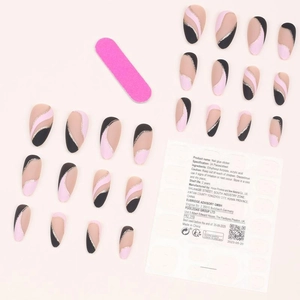 French almond press-on nails set with wavy black pink designs and silver glitter lines