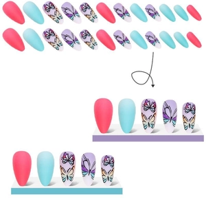 Faux ongles amande mats avec motifs papillons déclinés en rose, bleu et violet