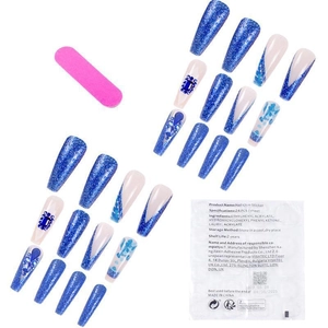 Long coffin press-on nails set with glittery blue hearts and floral patterns with tools