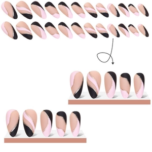 Pink and black almond press-on nails with gold glitter wave lines set of 24 pieces