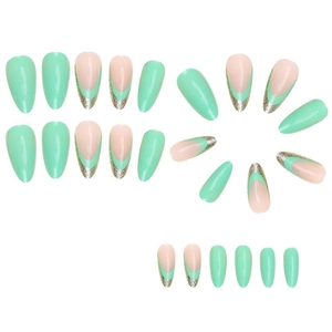 Green and pink press-on nail set with silver glitter French tips in almond shape