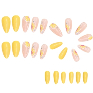 Summer almond press-on nails with lemon yellow floral daisy art on glossy white base