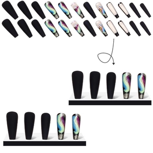 Long coffin press-on nails with dark matte black finish and artistic feather patterns