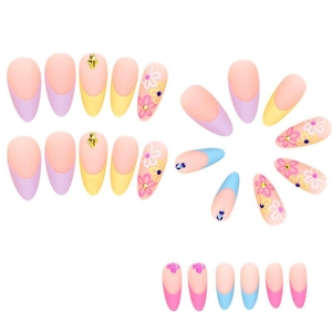 Almond shaped press-on nails with rainbow flowers and rhinestones in macaron colors