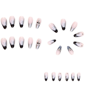 Pink and black gradient almond press-on nails with silver star and planet rhinestones