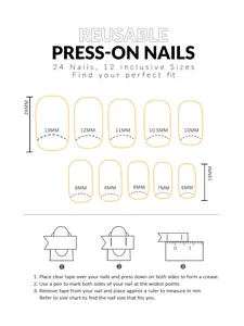 Detailed size guide for reusable press-on nails with 12 sizes and measurement steps