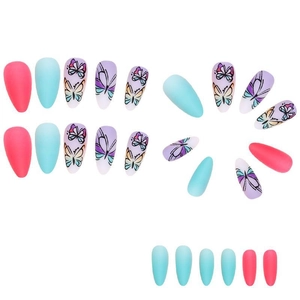 Faux ongles amande avec motifs papillons colorés, dégradé violet et finition mate