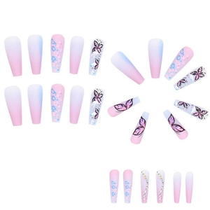 Lange coffin vlinder nepnagels set met roze blauw verloop hart en parel accenten