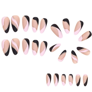 Matte almond press-on nails with black and nude color block and gold glitter wavy lines