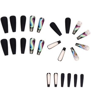 Dark gothic long press-on nails with black matte, colorful marbling and feather art design
