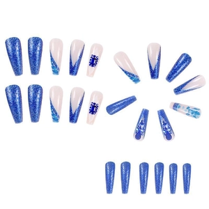 Sparkling blue and silver glitter long coffin press-on nails with blue gemstone accents