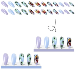 Almond-shaped Halloween press-on nails featuring purple butterfly and green leaf patterns