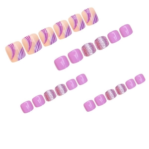 Faux ongles d'orteils courts carrés en violet pailleté et motifs rose tourbillon, 24 pièces