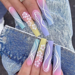Long Coffin Press On Nails 3D Camellia Flower Rhinestone French Macaron Gradient DIY Artificial Manicure Women
