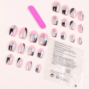Coffret de faux ongles géométriques noir rose pailleté avec autocollants et lime