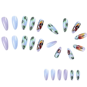 Almond-shaped Halloween press-on nails with butterfly patterns and purple gradients
