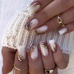 French medium square press-on nails with purple marble swirl and gold foil accents
