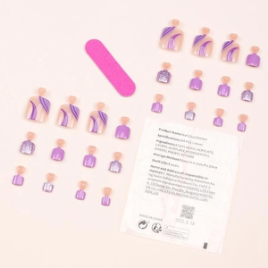 Set de 24 faux ongles d'orteils violet pailleté avec lime et guide d'usage
