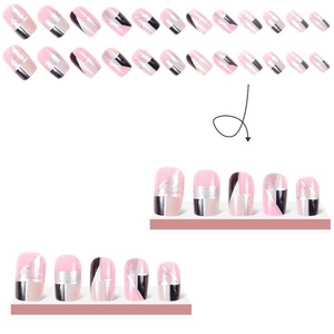 Faux ongles rose et noir pailleté de forme carrée moyenne avec motifs géométriques
