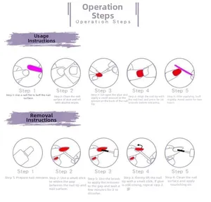 Step-by-step visual guide for applying and removing almond-shaped press-on nails