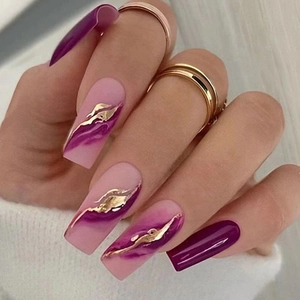 Purple Marble Press On Nails With Gold Foil Accents Square Shape Fake Nails Matte And Glossy Full Cover Manicure For Women