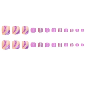 Faux ongles de pieds violet pailleté, lot de 24 pièces avec rayures et tailles variées