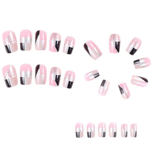Faux ongles carrés moyens roses et noirs avec paillettes argentées et motifs géométriques