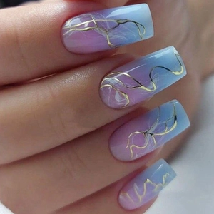 Press On Nails Pink Blue Gradient Marble Pattern Gold Lines Square Oval False Nails Reusable Manicure For Women