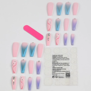 Rainbow gradient press-on nails with camellia flowers, rhinestones and jelly glue