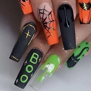 Halloween Press On Nails Long Coffin Shape Spider Web Pumpkin Black Cat Neon Green Orange Black Holiday Party Fake Nails