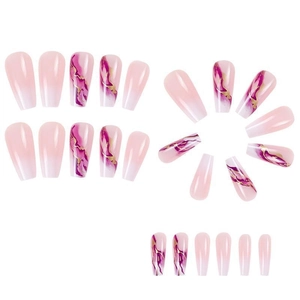 Purple marble ombre press-on nails with gold foil in long coffin shape design