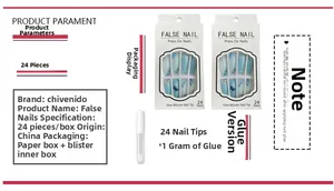 Detail of light blue butterfly pattern nail set with 24 pieces and 1g adhesive glue