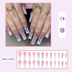 French ombre pink press-on nails with 3D rhinestones and crystals in long coffin shape