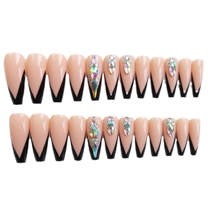 Unghie lunghe ballerina rosa nude con punte a V nere e strass aurora per decorazione art
