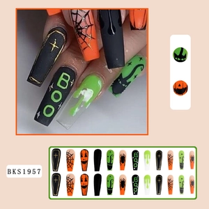 Halloween long coffin press-on nails with neon spider web pumpkin and black cat designs