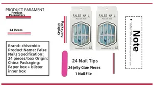 Detail set of blue French press-on nails with butterflies, glue tabs and mini nail file