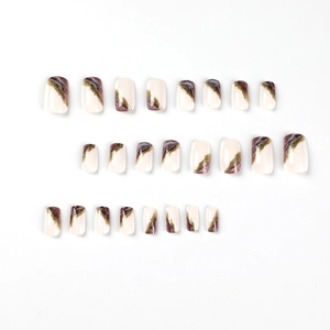 French marble press-on nails with cream base, brown swirls and gold glitter 24pcs set