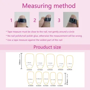 Size chart showing measuring methods and detailed dimensions for press-on nails