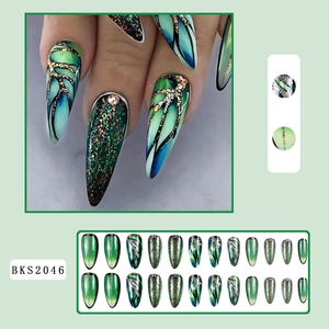 Green marble stiletto press-on nails with blue gradient, gold glitter, and 24-piece set